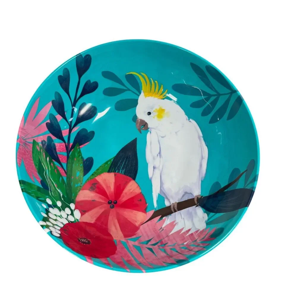 PIER 1 Pasta Bowl Blue Tropical Cockatoo Bird Melamine Salad Serving Large Dish